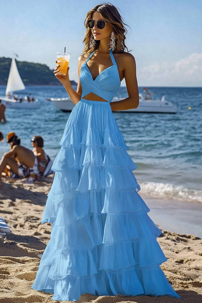 Halter Tiered White 2 Piece Ruffled Formal Dress