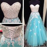 Popular A-line Lace Prom Dresses Pearls Lace Up Evening Dress