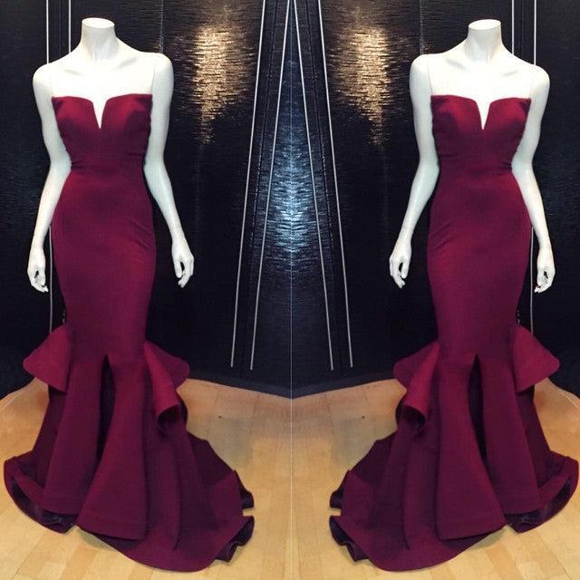 Popular Burgundy Mermaid Long Evening Dress Sexy Simple Notched Slit Prom Gown CJ0397