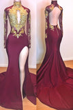 Popular Gold Lace Appliques Sexy Slit Prom Dresses | Long Sleeve Burgundy Backless Evening Gowns BC0956