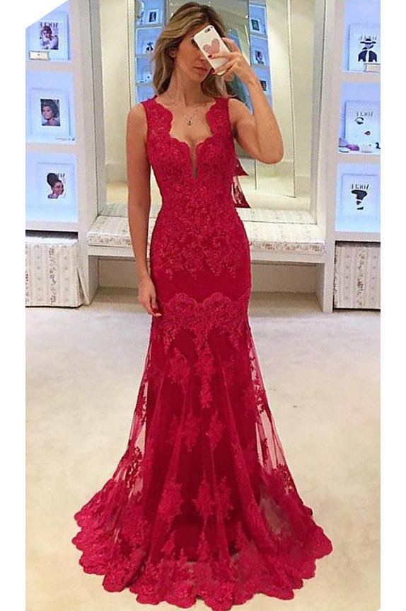 Popular Long Sleeveless Mermaid Prom Gowns Elegant Sexy Red Lace Evening Dresses BA3745