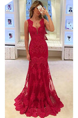 Popular Long Sleeveless Mermaid Prom Gowns Elegant Sexy Red Lace Evening Dresses BA3745