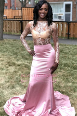 Popular Long Sleeves Bateau See-Trough Prom Dresses | Appliques Mermaid Sweep Train Evening Gown