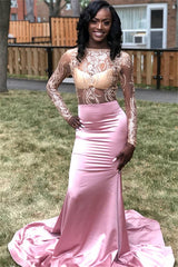 Popular Long Sleeves Bateau See-Trough Prom Dresses | Appliques Mermaid Sweep Train Evening Gown