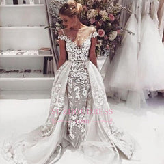 Popular Overskirt Open Back Bride Dress Sleeves Illusion Lace Appliques Wedding Dress