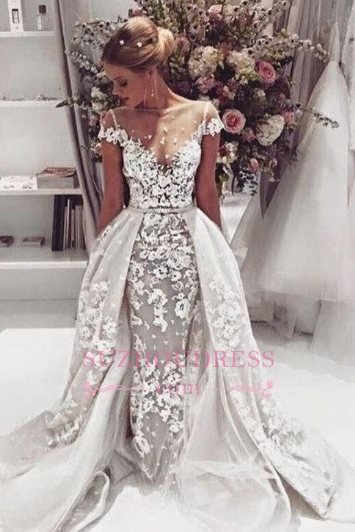 Popular Overskirt Open Back Bride Dress Sleeves Illusion Lace Appliques Wedding Dress