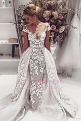 Popular Overskirt Open Back Bride Dress Sleeves Illusion Lace Appliques Wedding Dress