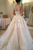 Popular Scoop Lace A Line Wedding Dresses Applique Long Train Elegant Bridal Gowns With Buttons Back BA7479