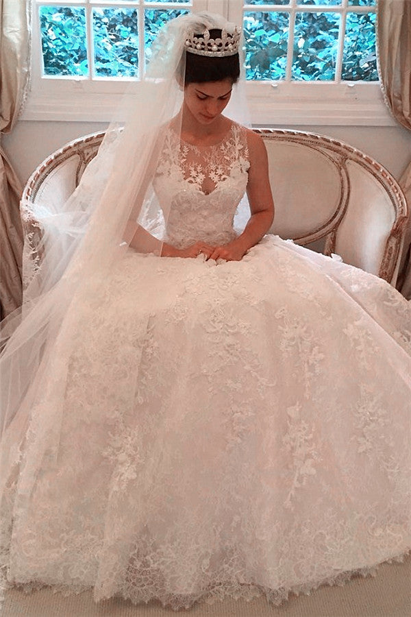 Popular Scoop Lace A Line Wedding Dresses Applique Long Train Elegant Bridal Gowns With Buttons Back BA7479