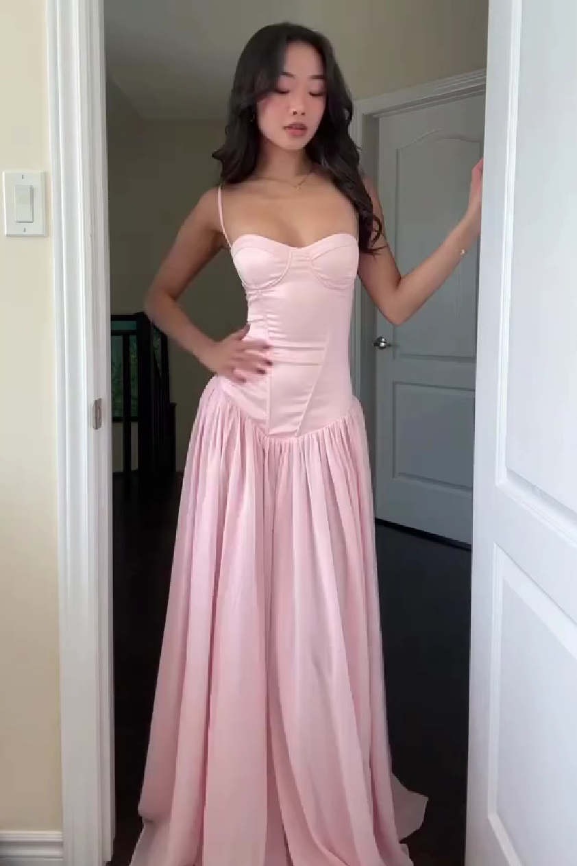 Pretty A Line Spaghetti Straps Pink Corset Prom Dress With Ruffles Formal Evening Gown