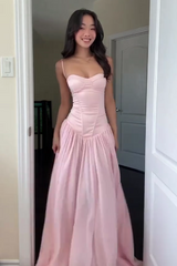 Pretty A Line Spaghetti Straps Pink Corset Prom Dress With Ruffles Formal Evening Gown