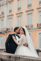 Pretty Long White A-line Bridal Gowns With Long Sleeves