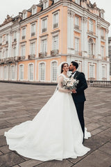 Pretty Long White A-line Bridal Gowns With Long Sleeves