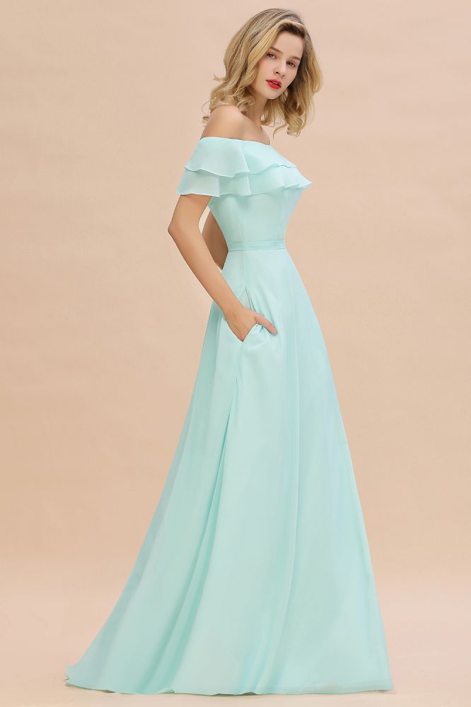 Pretty Off the Shoulder Mini-Green Front Slit Bridesmaid Dress