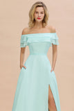Pretty Off the Shoulder Mini-Green Front Slit Bridesmaid Dress
