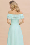 Pretty Off the Shoulder Mini-Green Front Slit Bridesmaid Dress