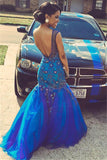 Pretty Royal Blue Prom Dresses Mermaid Beading Evening Dress with Flowers