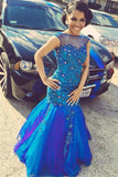 Pretty Royal Blue Prom Dresses Mermaid Beading Evening Dress with Flowers