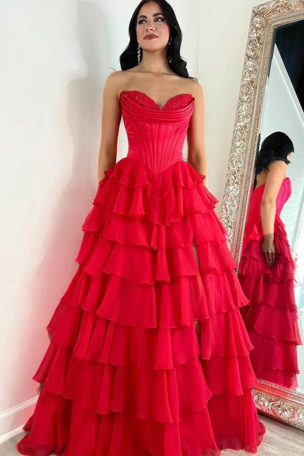 Suzhoufashion Pretty Sweetheart A-Line Satin Top Long Layered Chiffon Prom Dress With Slit Formal Evening Gown