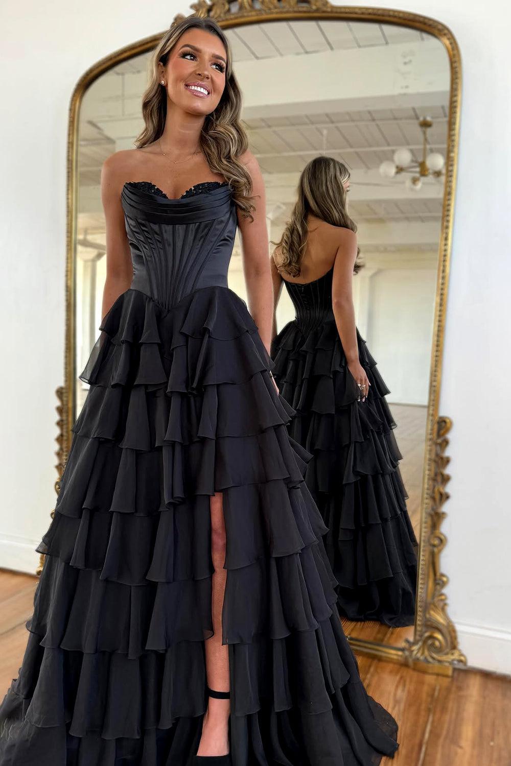 Suzhoufashion Pretty Sweetheart A-Line Satin Top Long Layered Chiffon Prom Dress With Slit Formal Evening Gown