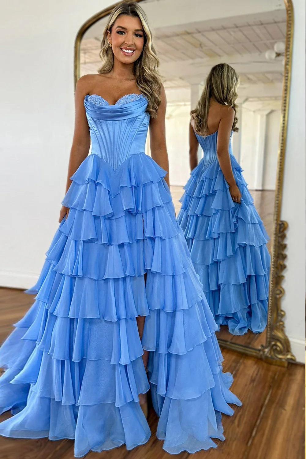 Suzhoufashion Pretty Sweetheart A-Line Satin Top Long Layered Chiffon Prom Dress With Slit Formal Evening Gown