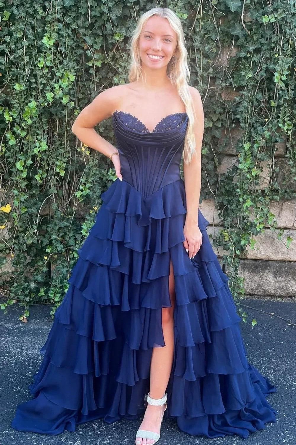 Suzhoufashion Pretty Sweetheart A-Line Satin Top Long Layered Chiffon Prom Dress With Slit Formal Evening Gown