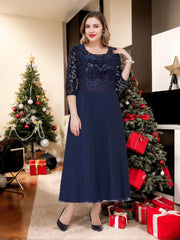 A Line Ankle Length Plus Size Mother of the Bride Dress with Scoop 3/4 Sleeves and Appliques