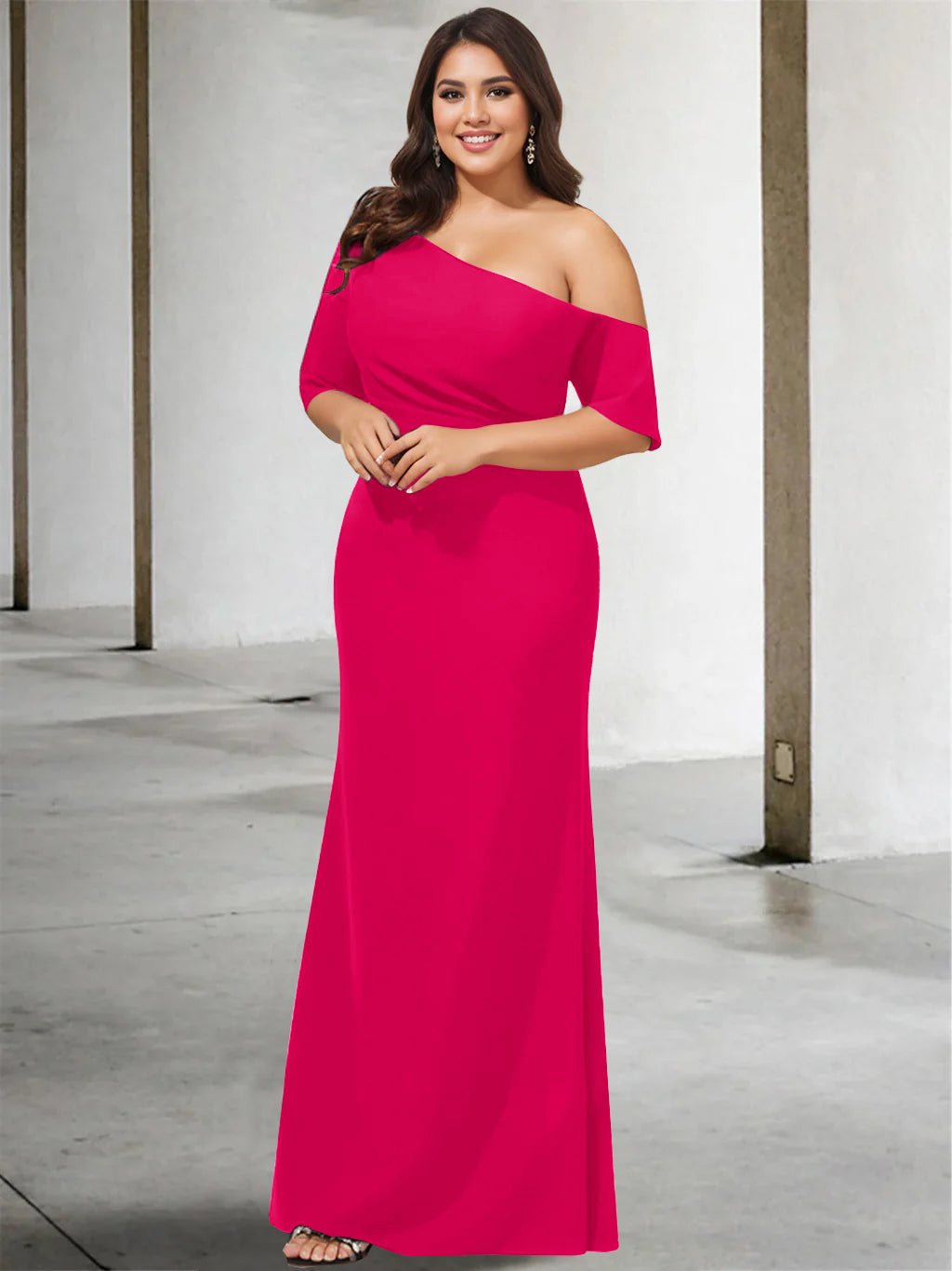 A Line Long One Shoulder 3/4 Sleeve Pure Color Plus Size Mother of the Bride Gown