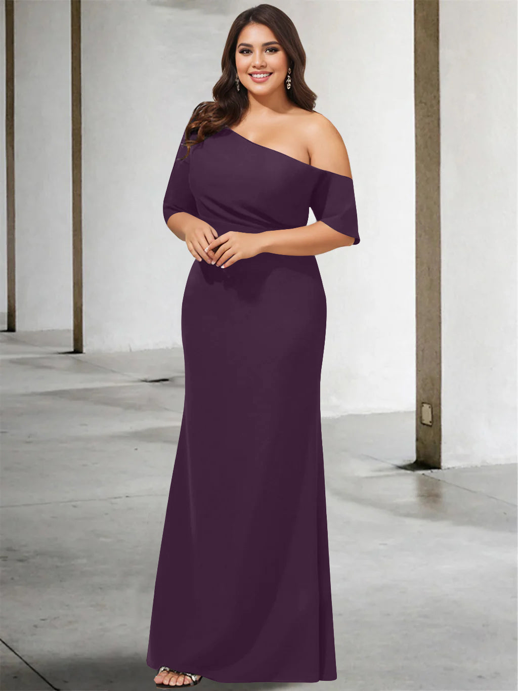 A Line Long One Shoulder 3/4 Sleeve Pure Color Plus Size Mother of the Bride Gown