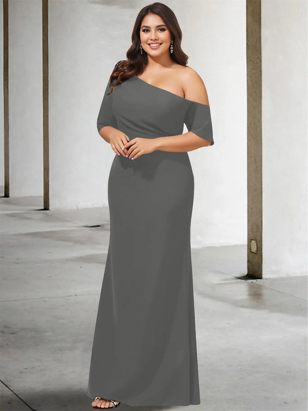 A Line Long One Shoulder 3/4 Sleeve Pure Color Plus Size Mother of the Bride Gown