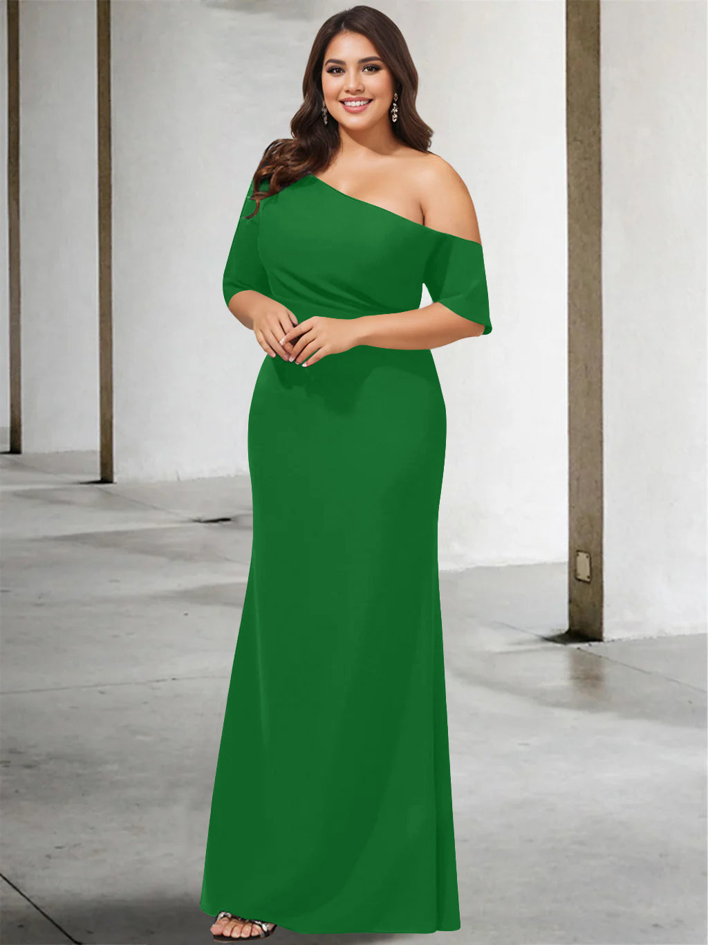 A Line Long One Shoulder 3/4 Sleeve Pure Color Plus Size Mother of the Bride Gown