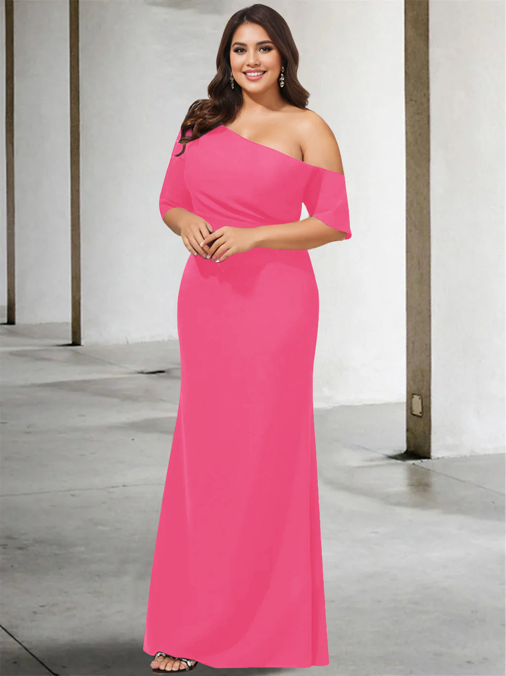 A Line Long One Shoulder 3/4 Sleeve Pure Color Plus Size Mother of the Bride Gown