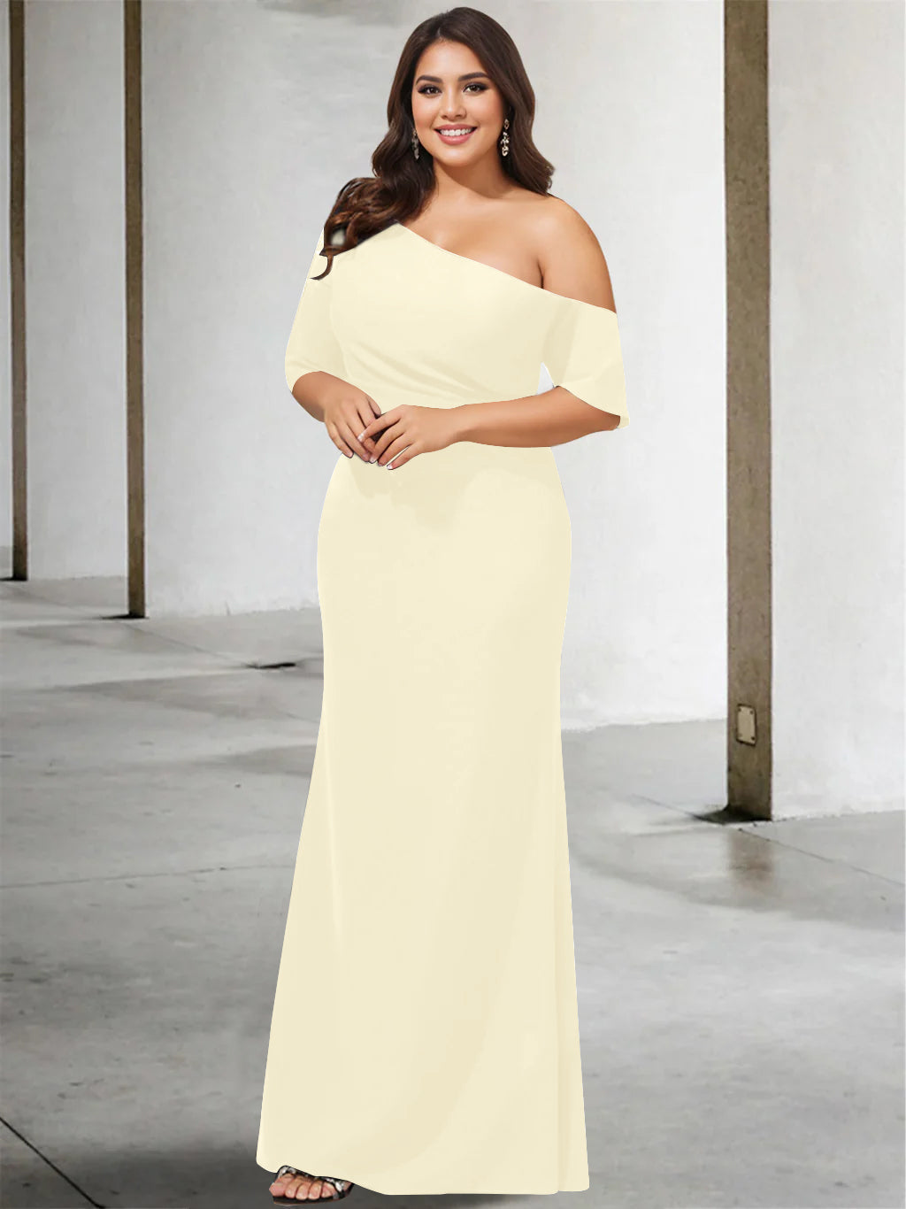 A Line Long One Shoulder 3/4 Sleeve Pure Color Plus Size Mother of the Bride Gown