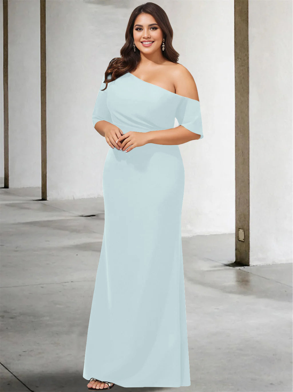 A Line Long One Shoulder 3/4 Sleeve Pure Color Plus Size Mother of the Bride Gown