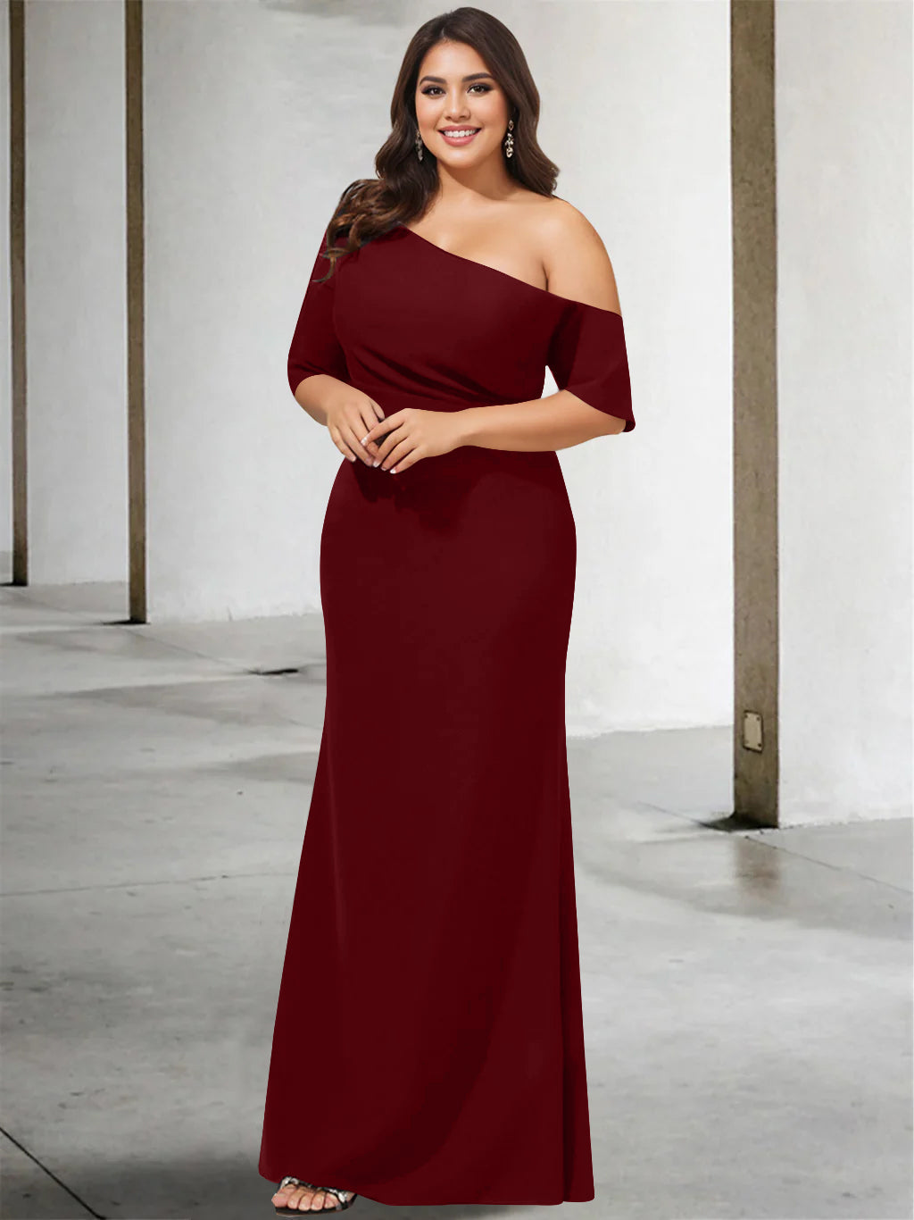 A Line Long One Shoulder 3/4 Sleeve Pure Color Plus Size Mother of the Bride Gown