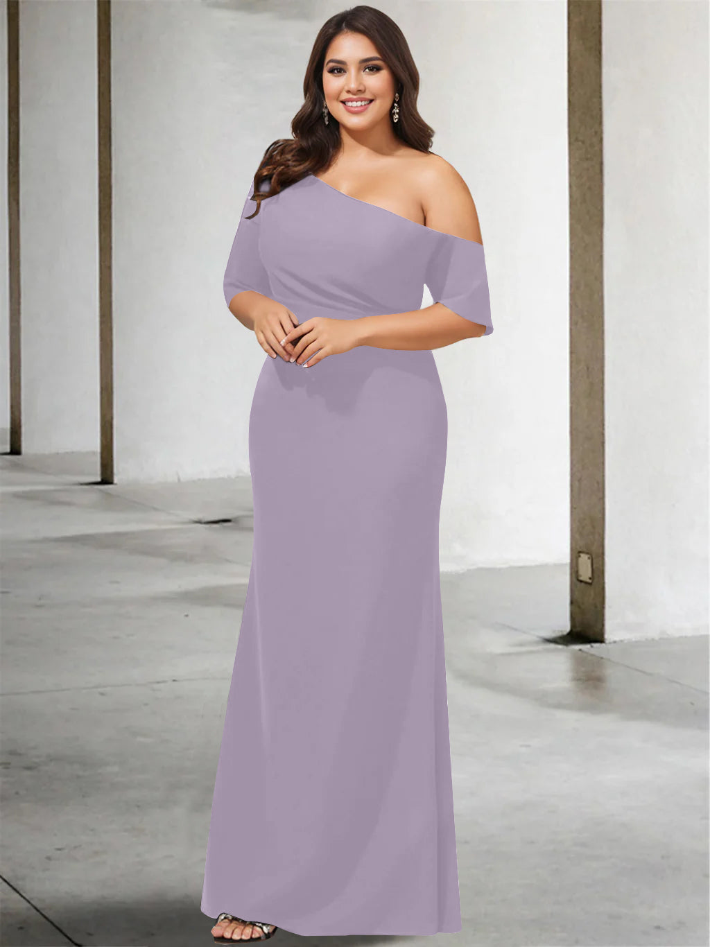 A Line Long One Shoulder 3/4 Sleeve Pure Color Plus Size Mother of the Bride Gown