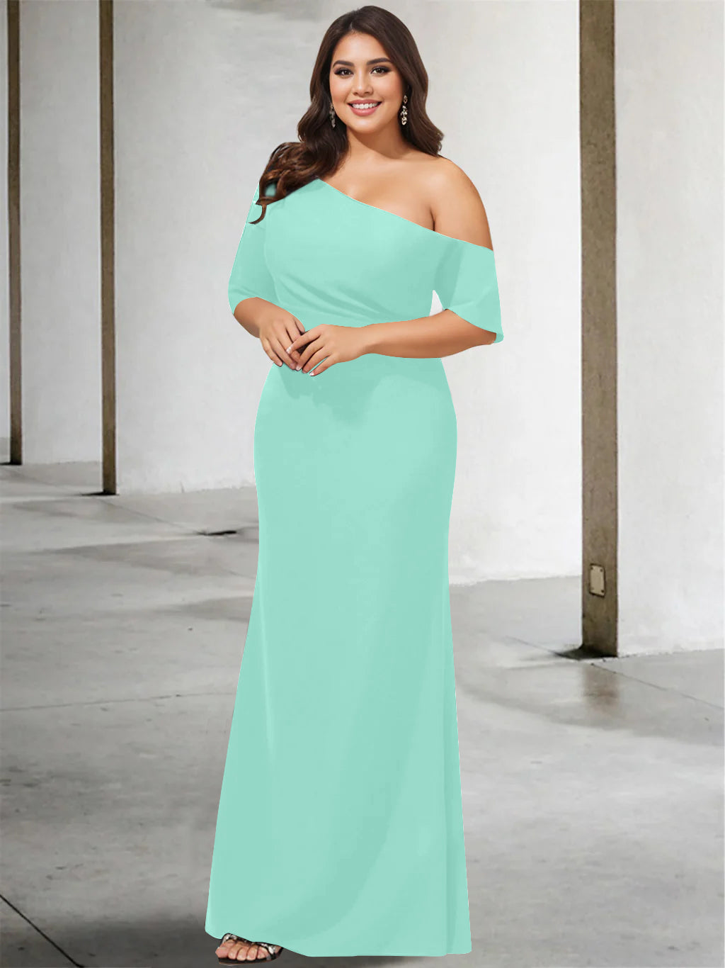 A Line Long One Shoulder 3/4 Sleeve Pure Color Plus Size Mother of the Bride Gown