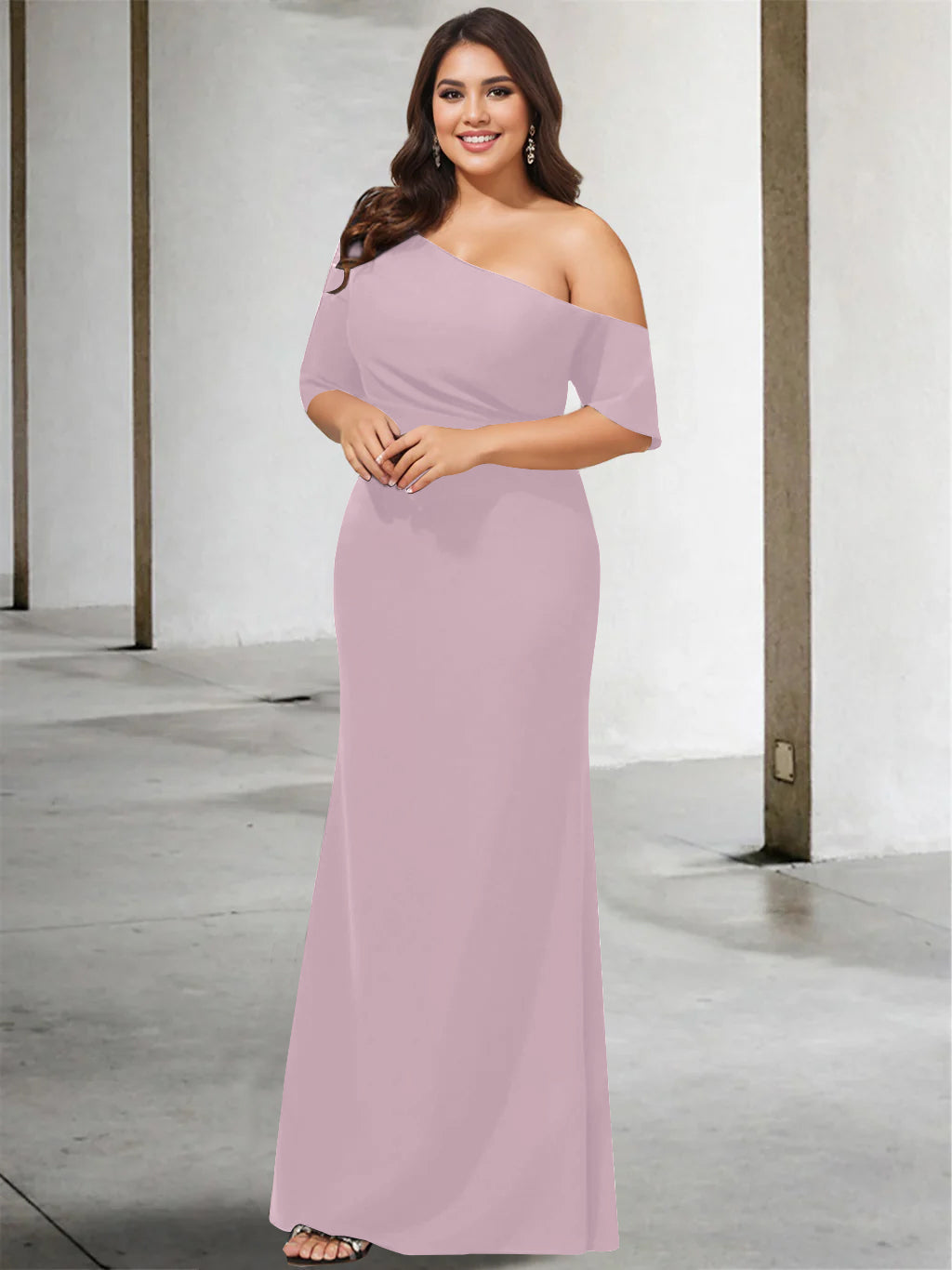 A Line Long One Shoulder 3/4 Sleeve Pure Color Plus Size Mother of the Bride Gown