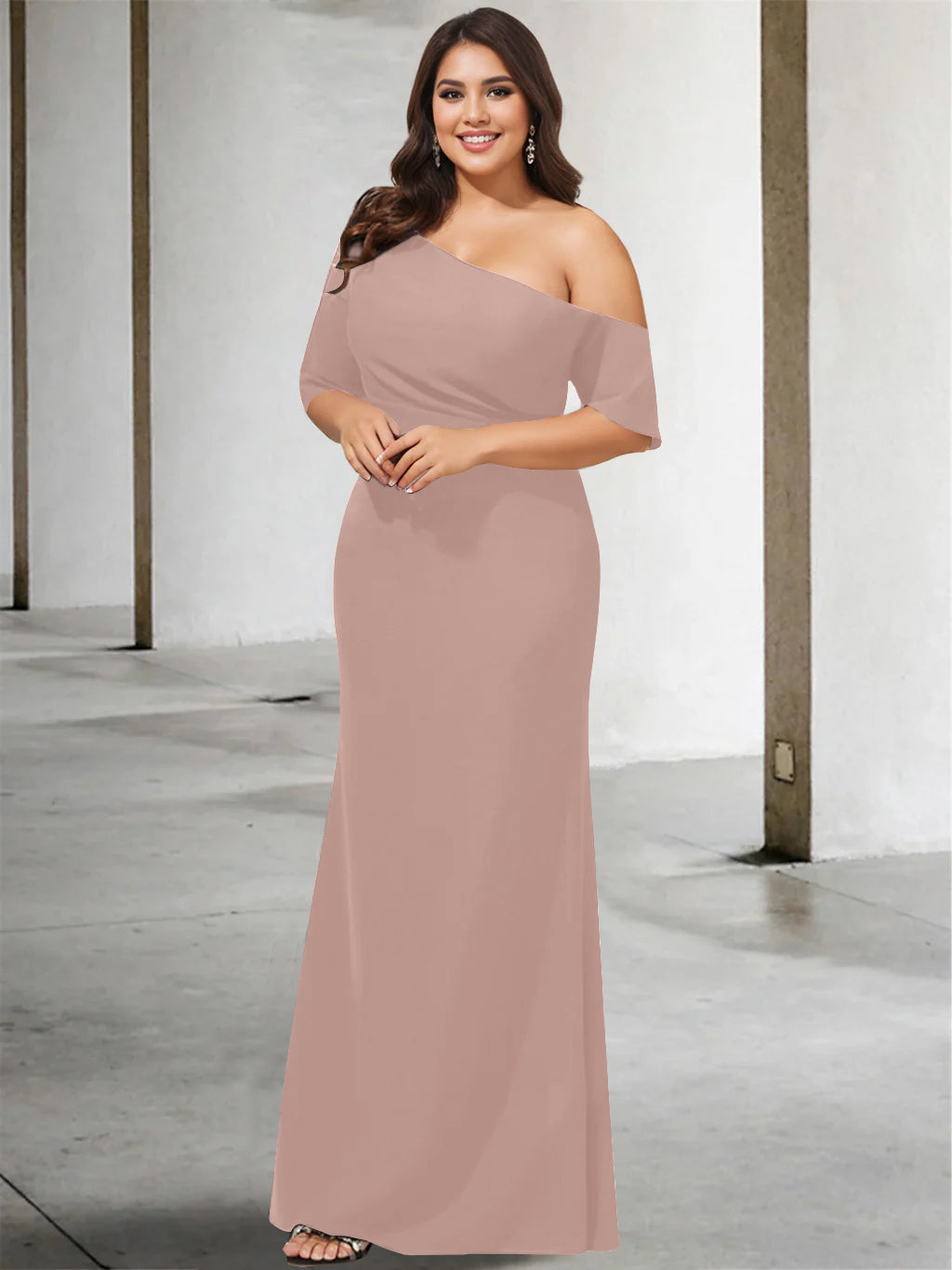 A Line Long One Shoulder 3/4 Sleeve Pure Color Plus Size Mother of the Bride Gown