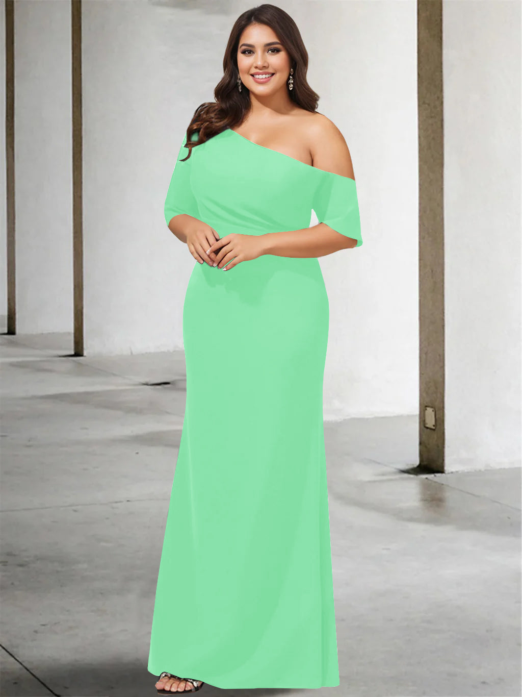 A Line Long One Shoulder 3/4 Sleeve Pure Color Plus Size Mother of the Bride Gown