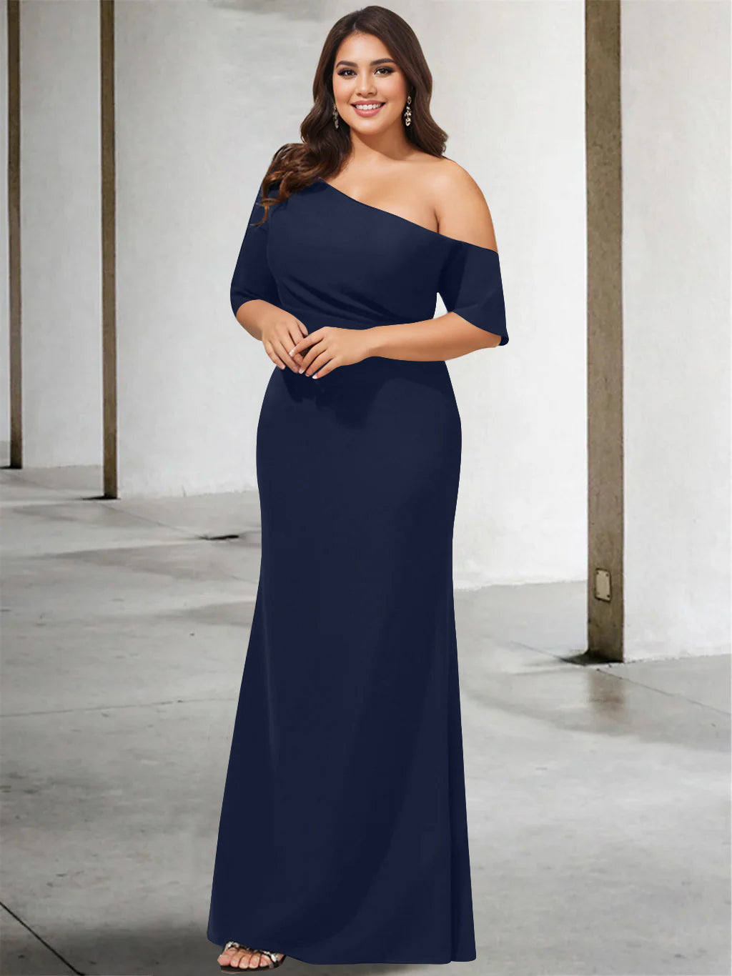 A Line Long One Shoulder 3/4 Sleeve Pure Color Plus Size Mother of the Bride Gown