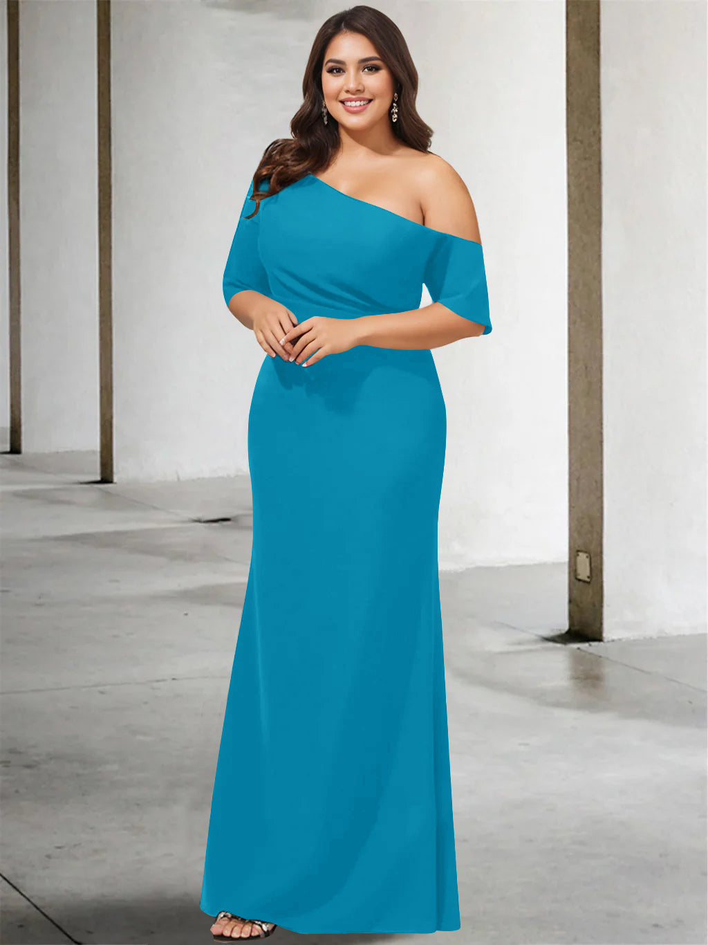 A Line Long One Shoulder 3/4 Sleeve Pure Color Plus Size Mother of the Bride Gown