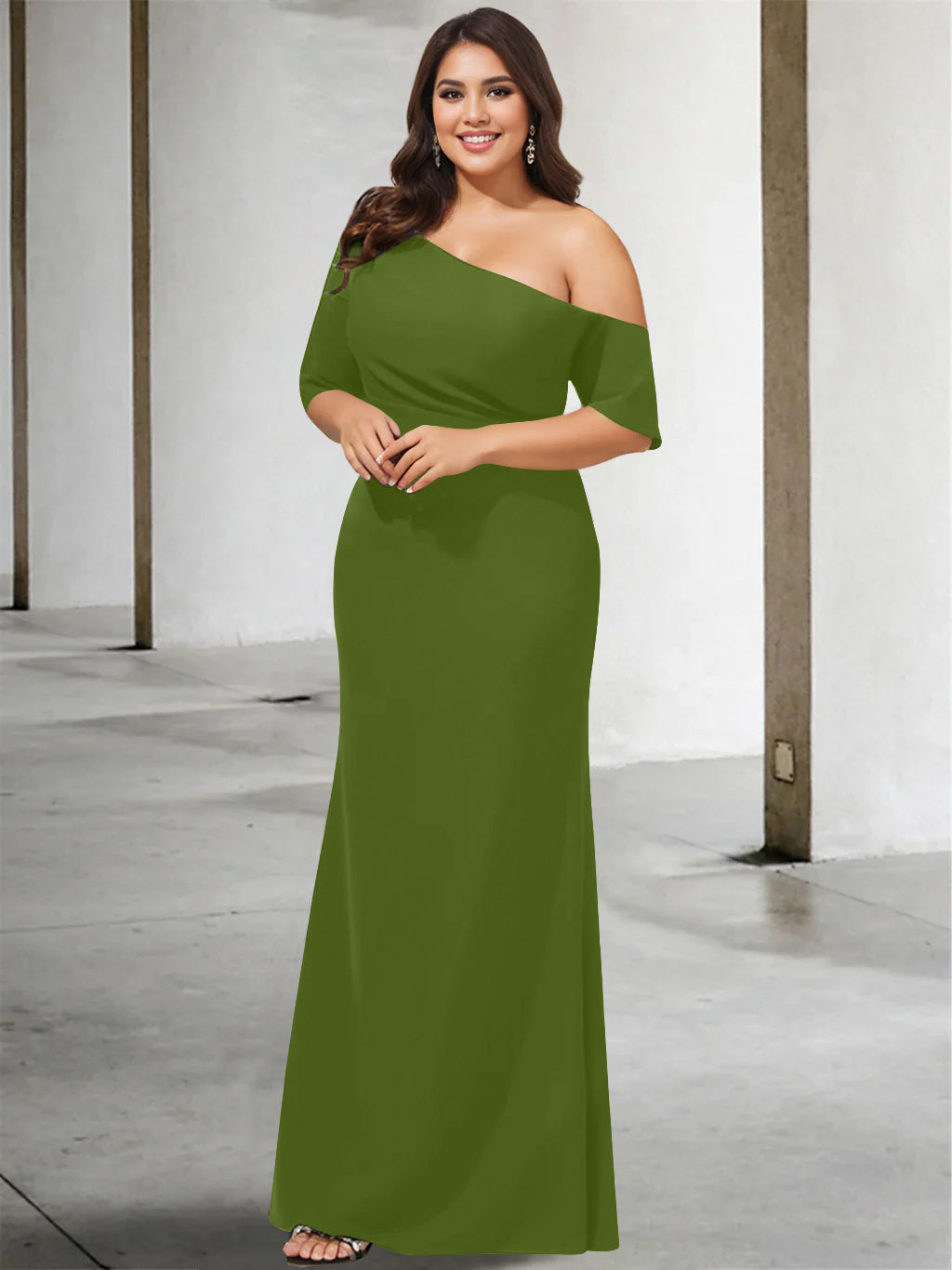 A Line Long One Shoulder 3/4 Sleeve Pure Color Plus Size Mother of the Bride Gown