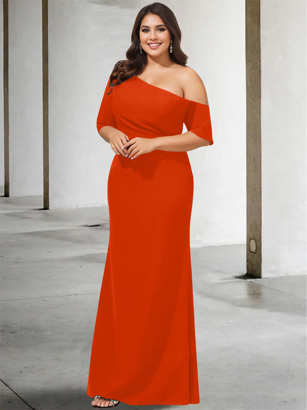A Line Long One Shoulder 3/4 Sleeve Pure Color Plus Size Mother of the Bride Gown