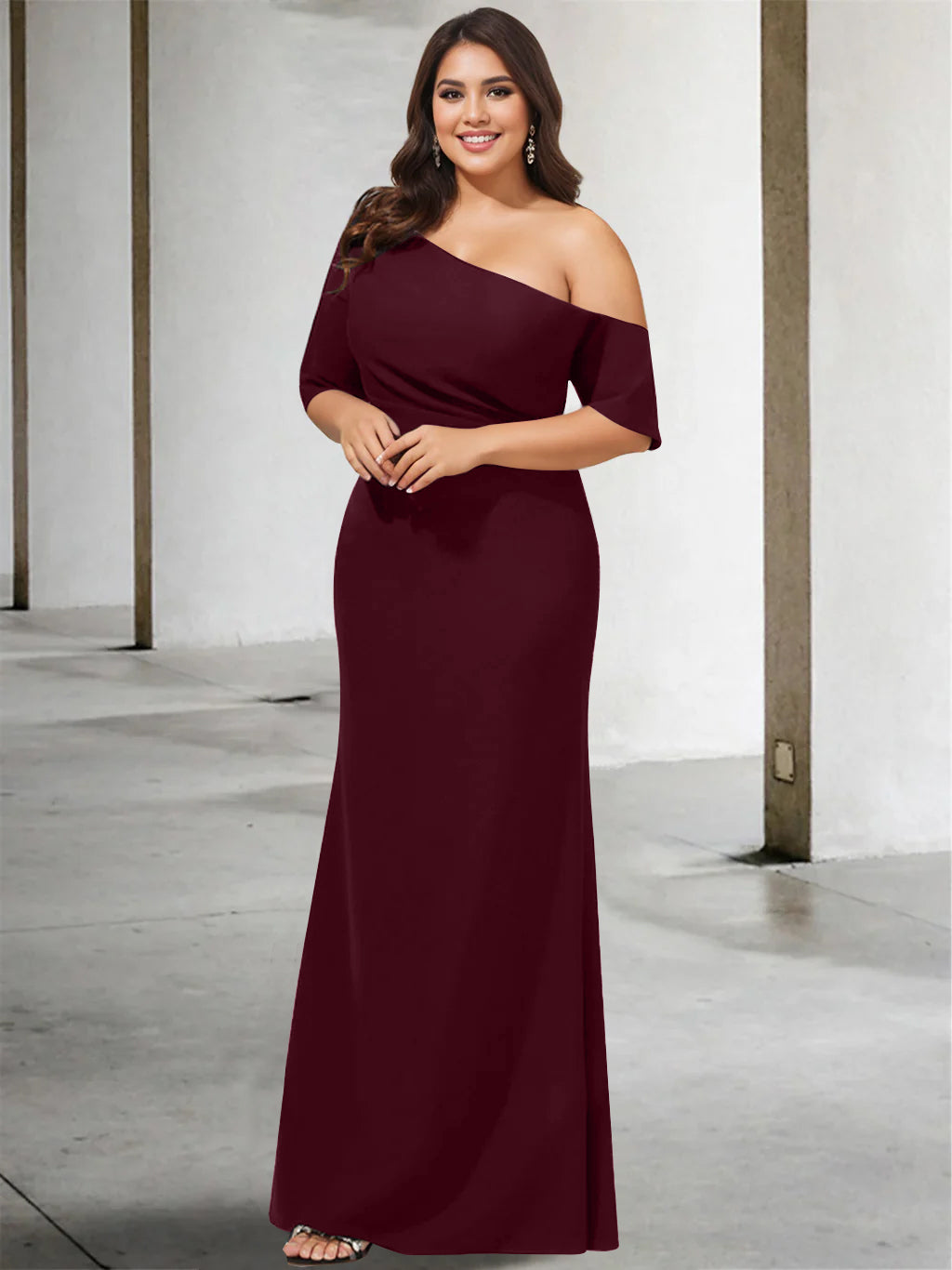 A Line Long One Shoulder 3/4 Sleeve Pure Color Plus Size Mother of the Bride Gown