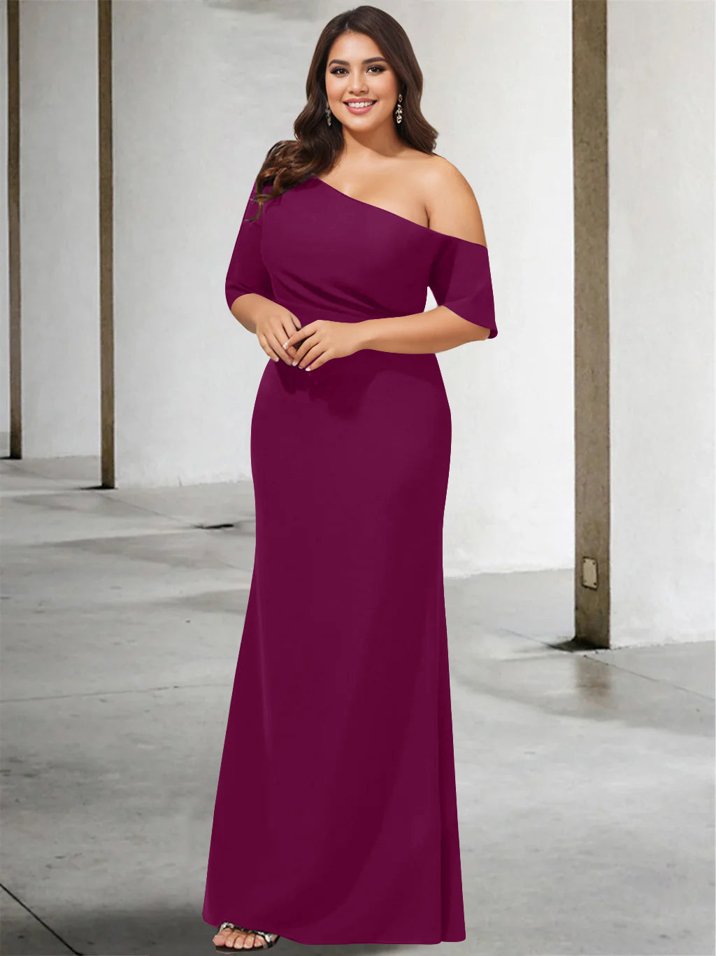 A Line Long One Shoulder 3/4 Sleeve Pure Color Plus Size Mother of the Bride Gown