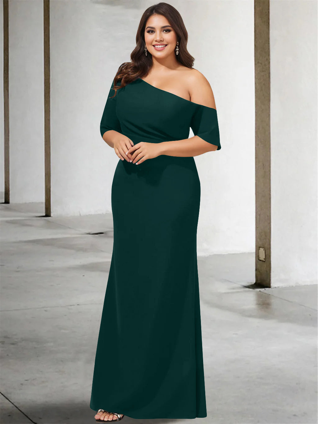 A Line Long One Shoulder 3/4 Sleeve Pure Color Plus Size Mother of the Bride Gown