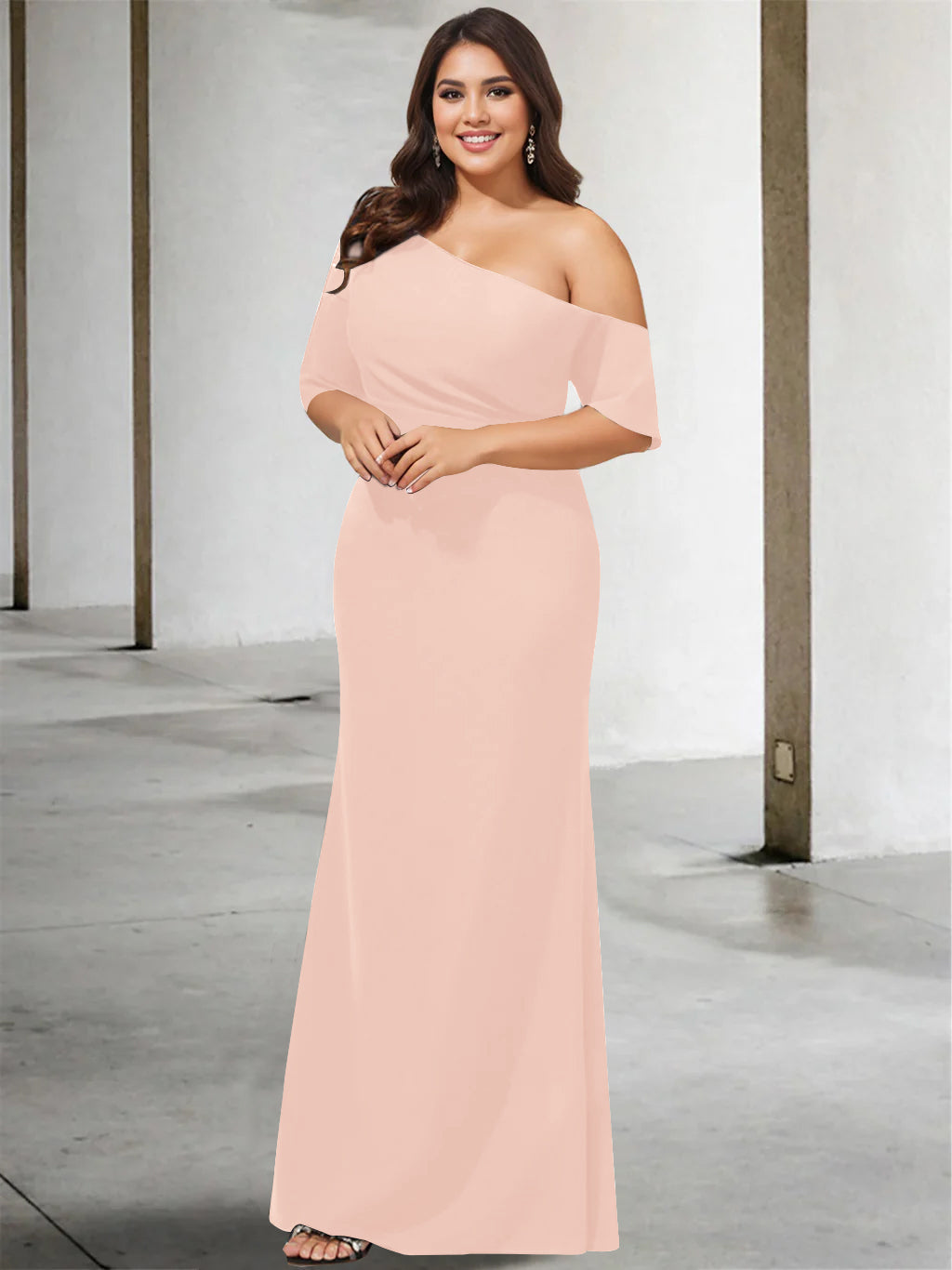 A Line Long One Shoulder 3/4 Sleeve Pure Color Plus Size Mother of the Bride Gown