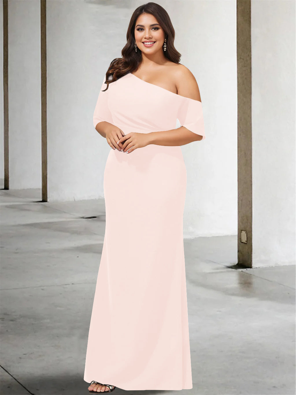 A Line Long One Shoulder 3/4 Sleeve Pure Color Plus Size Mother of the Bride Gown