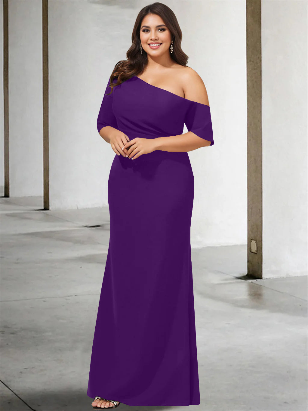 A Line Long One Shoulder 3/4 Sleeve Pure Color Plus Size Mother of the Bride Gown